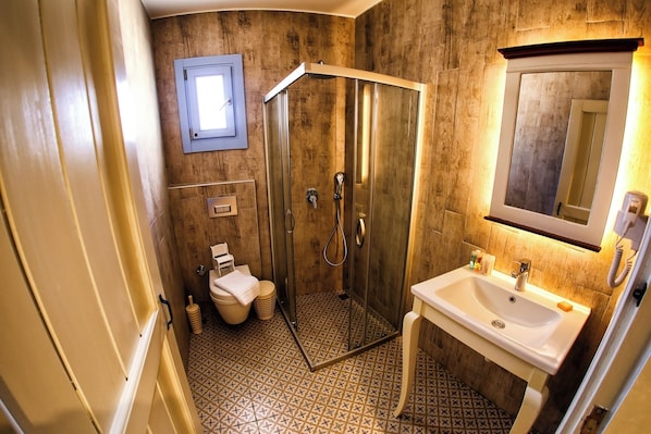 Un baño con ducha separada por mampara de vidrio, inodoro y lavamanos con espejo.
