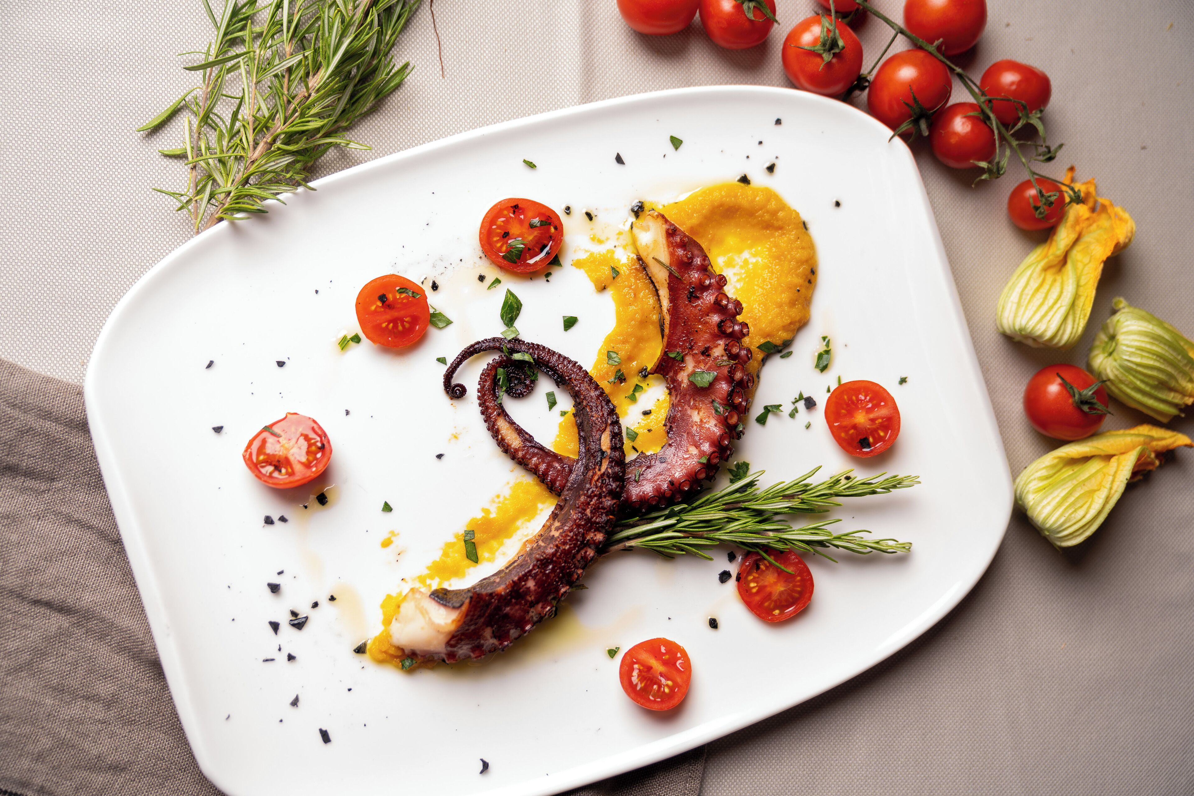 Een wit bord met octopus, kerstomaatjes en kruiden.