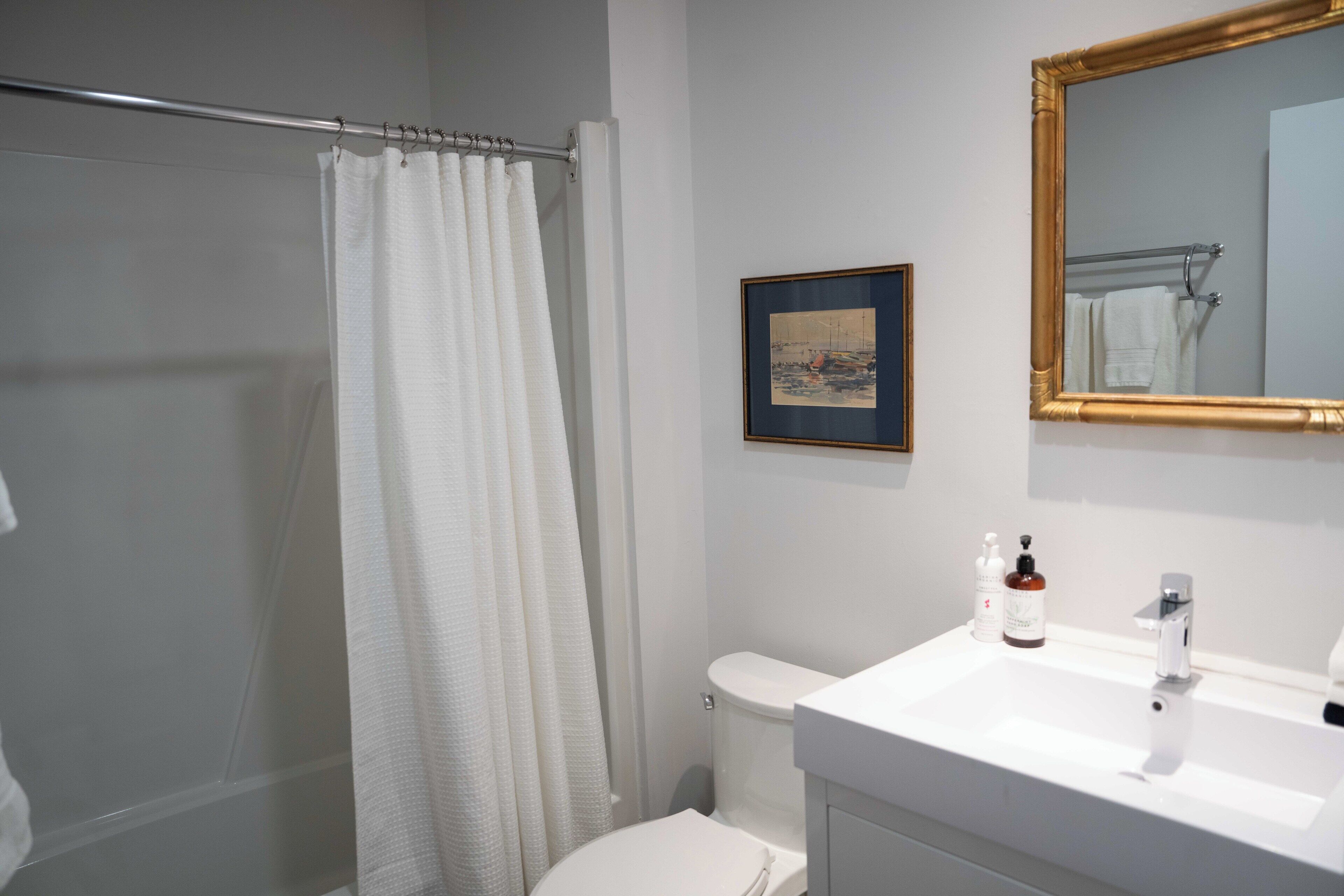 A bathroom with a white toilet, a white sink with two bottles, a framed picture on the wall, and a shower curtain.