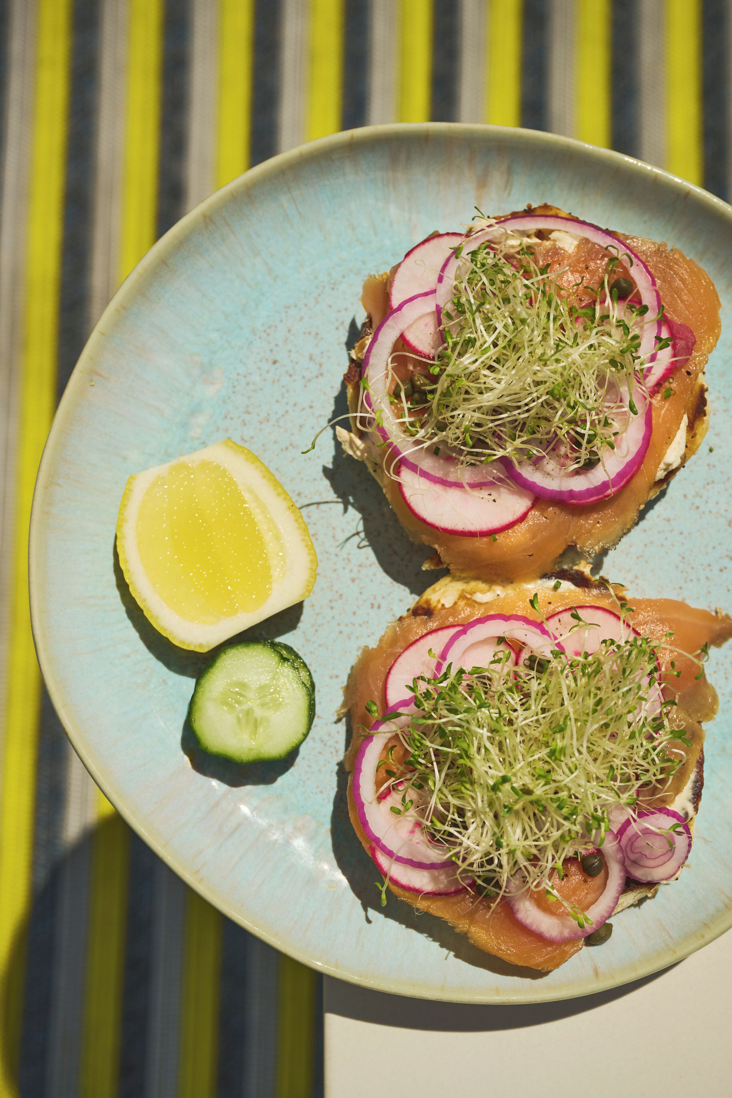 A plate with two open-faced sandwiches topped with smoked salmon, radish slices, and sprouts, accompanied by a lemon wedge and a cucumber slice.