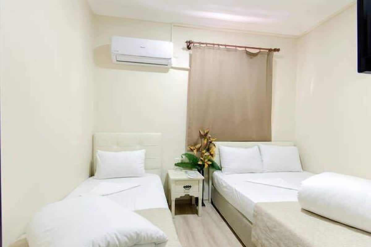 A hotel room with two single beds, a bedside table with a lamp, an air conditioning unit, and a curtain.
