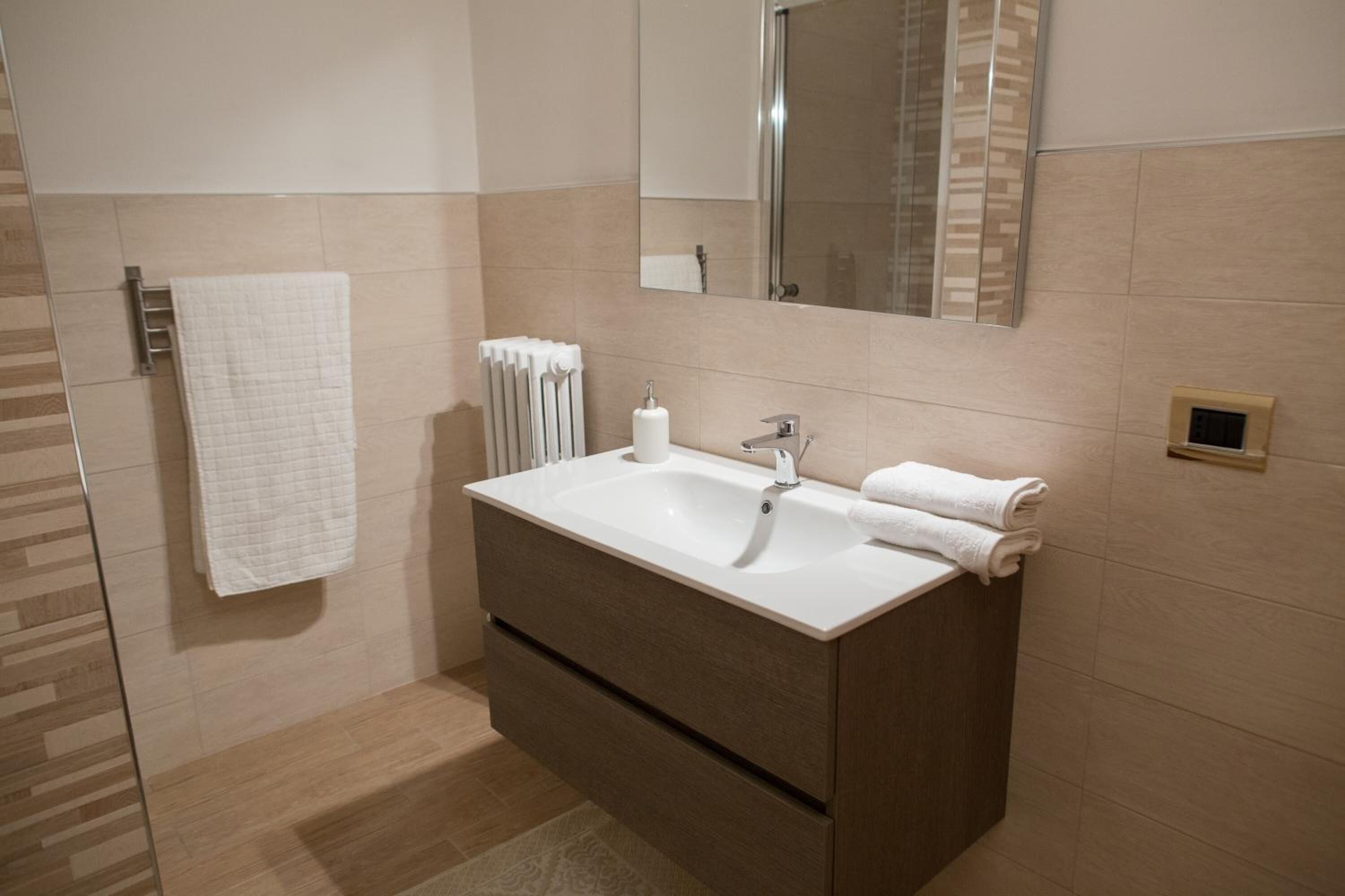A modern bathroom with a large sink, a mirror, and a towel rack.