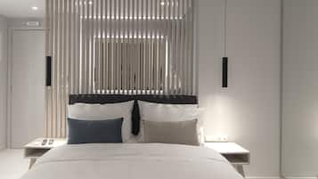 A modern bedroom with a large bed, two bedside tables, and a headboard with vertical blinds.