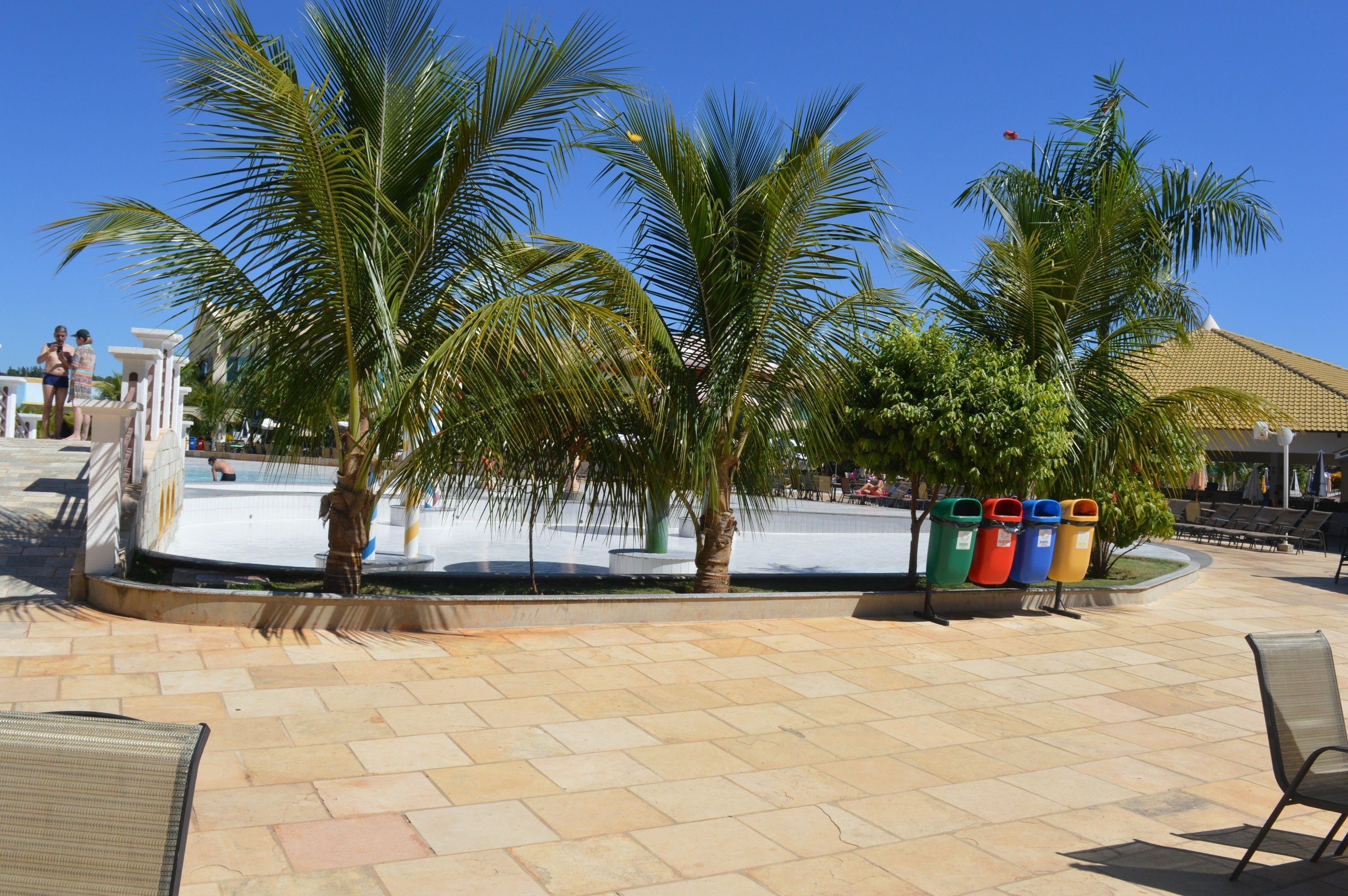 A courtyard with palm trees, outdoor seating, and trash bins.