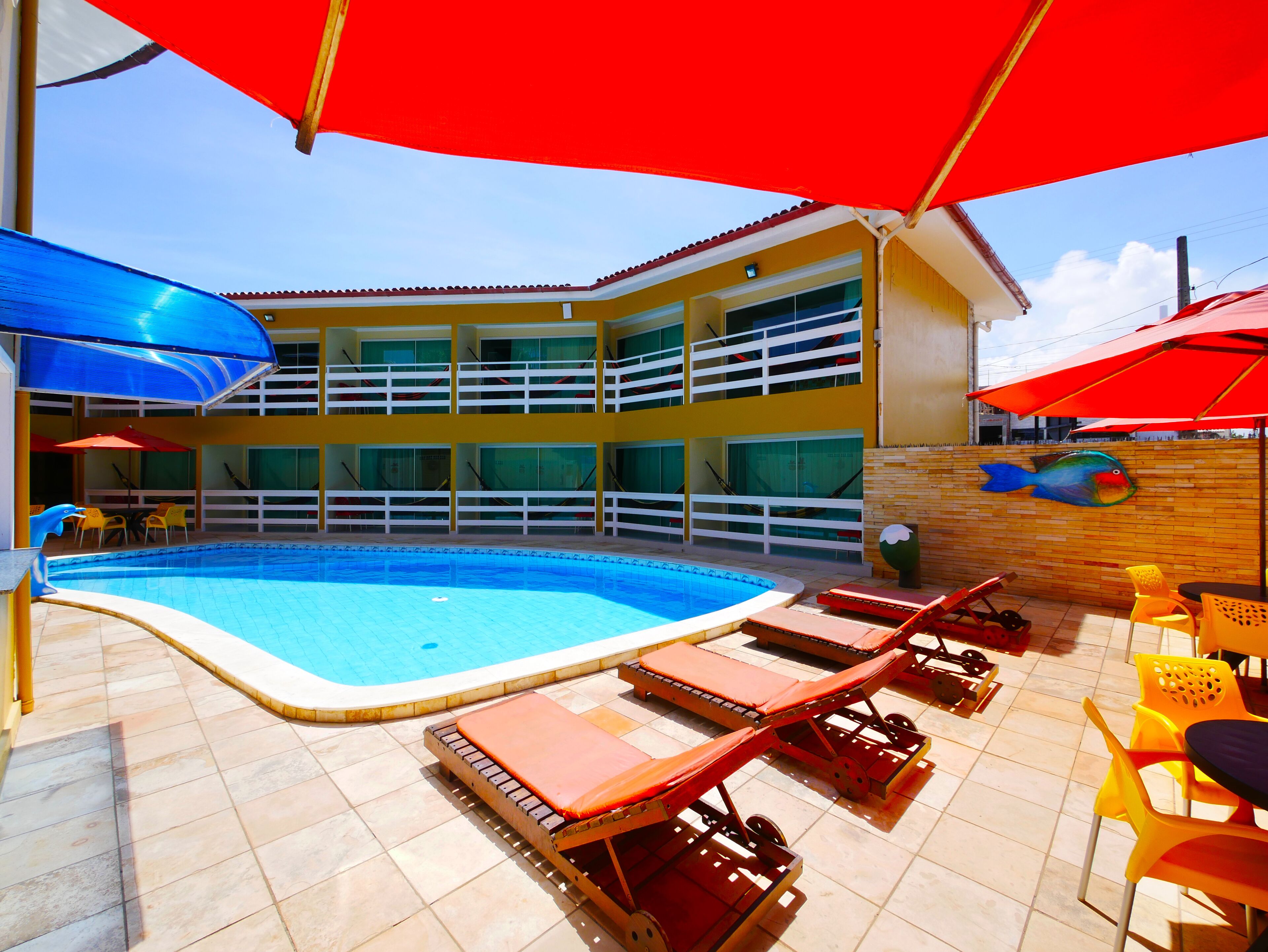 Outdoor pool, pool umbrellas, pool loungers