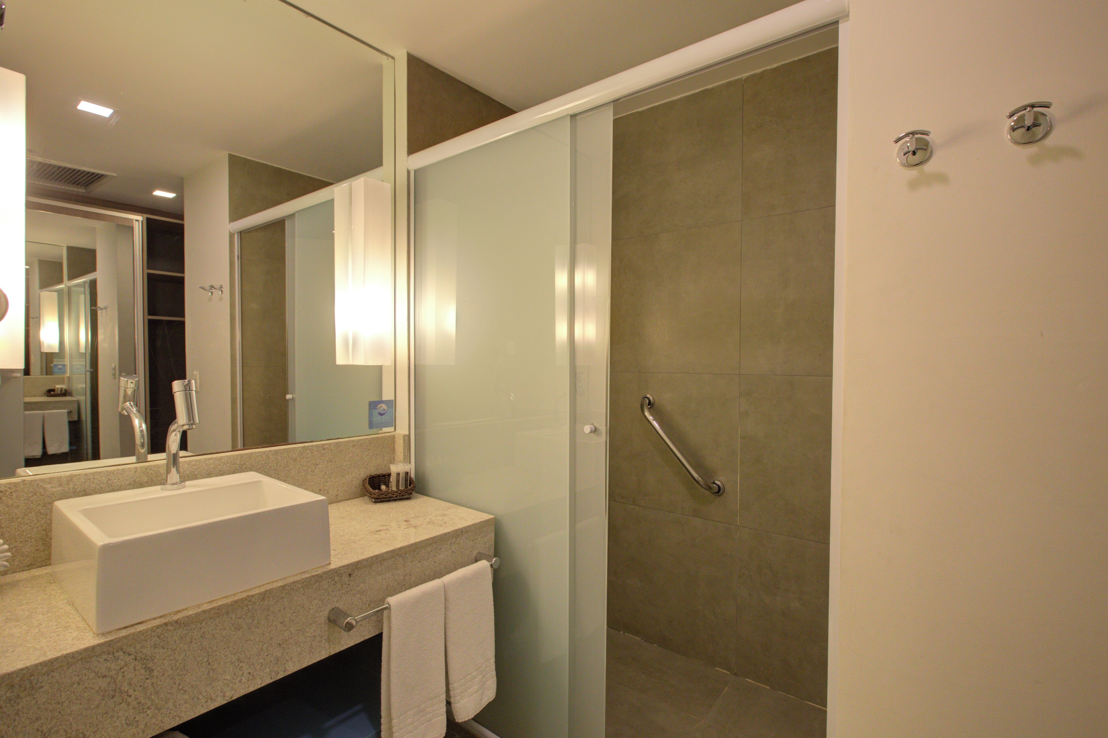 A modern bathroom with a large sink, mirror, and a walk-in shower with a grab bar.
