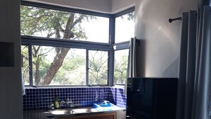 Una cocina con ventana, pileta y refrigerador.