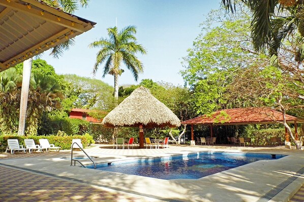 A pool area with lounge chairs, a thatched umbrella, and a palm tree.