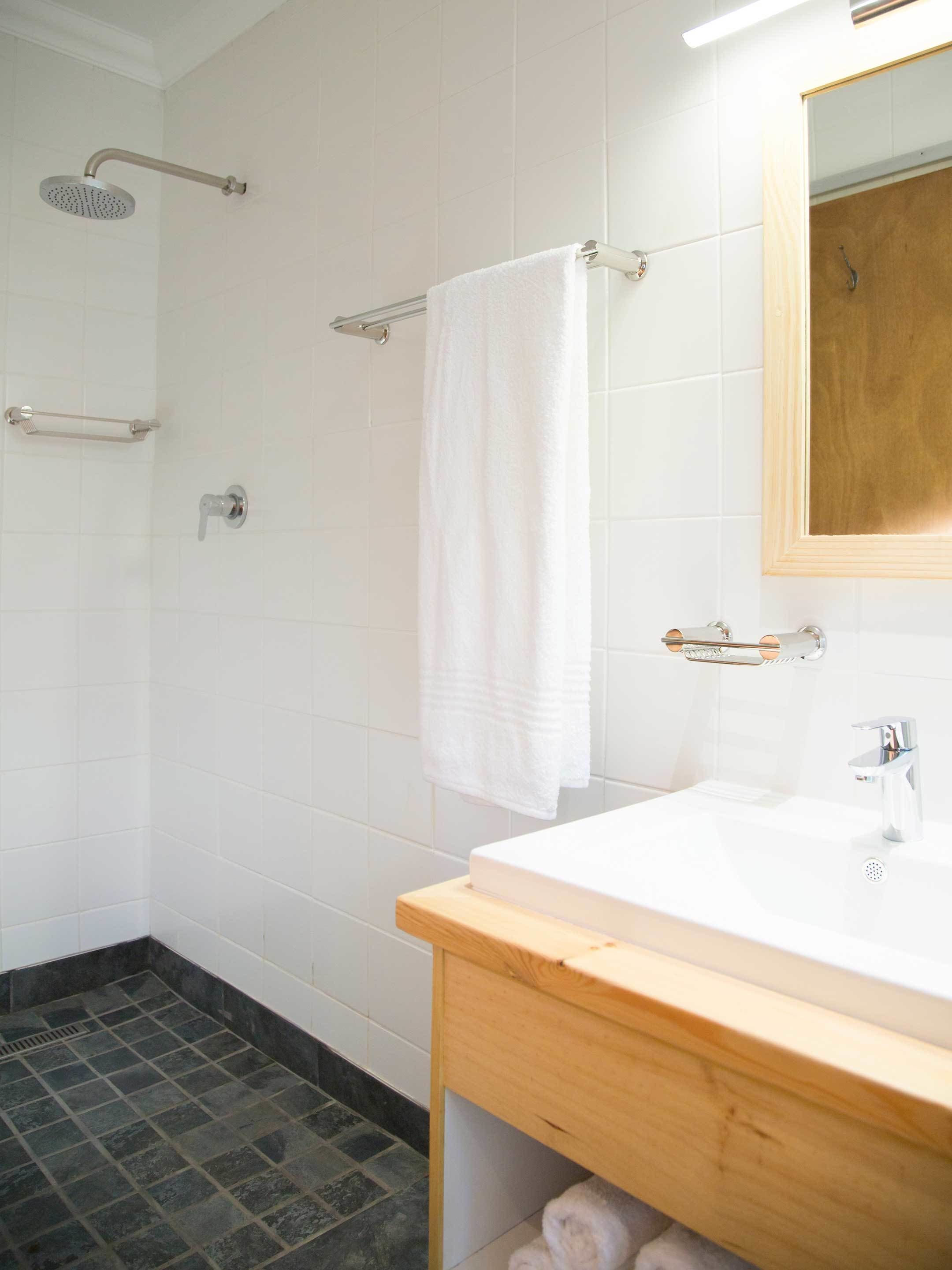 A modern bathroom with a shower, a sink, and a mirror.