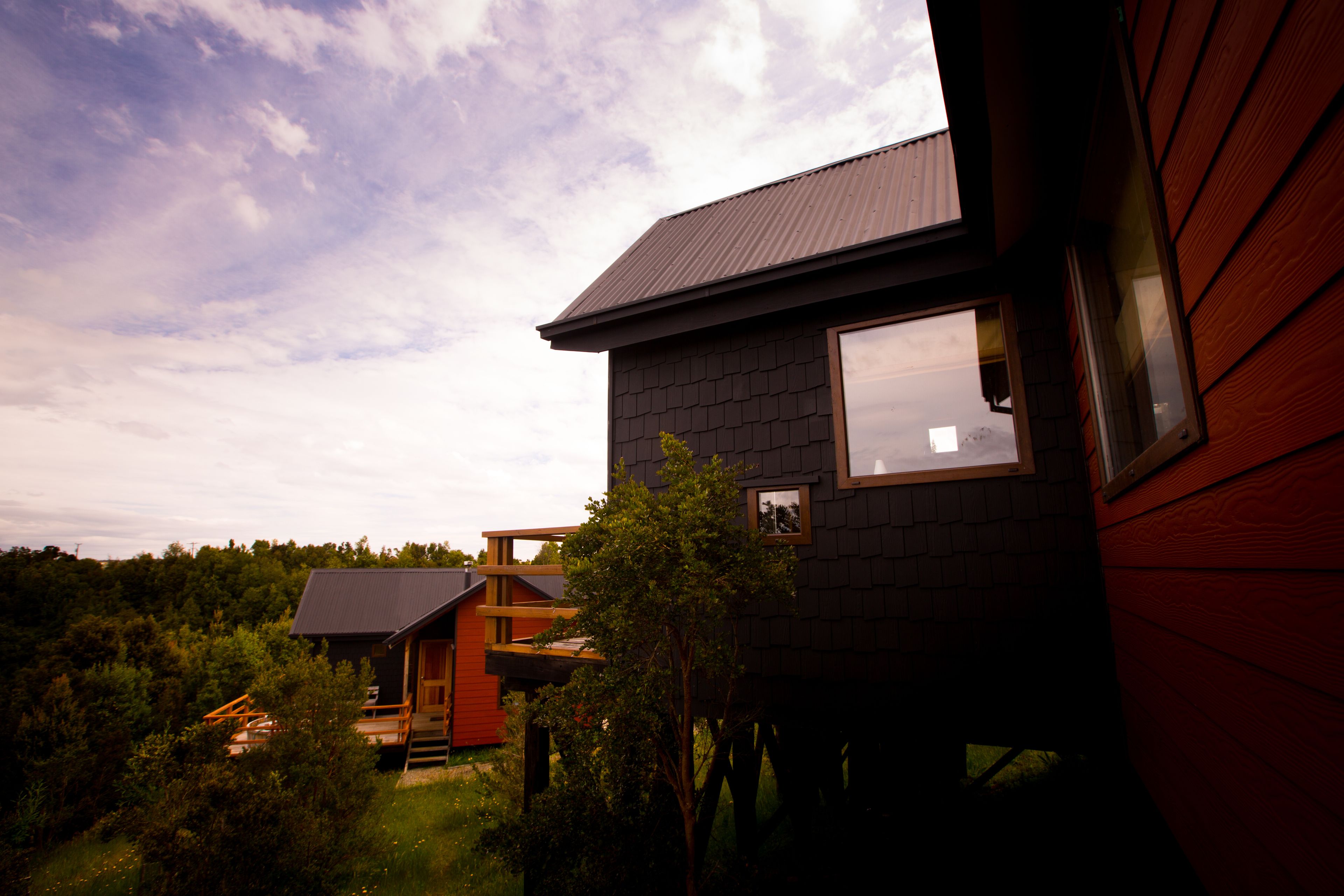 Una casa moderna con un ventanal grande, una terraza y vistas al bosque circundante.