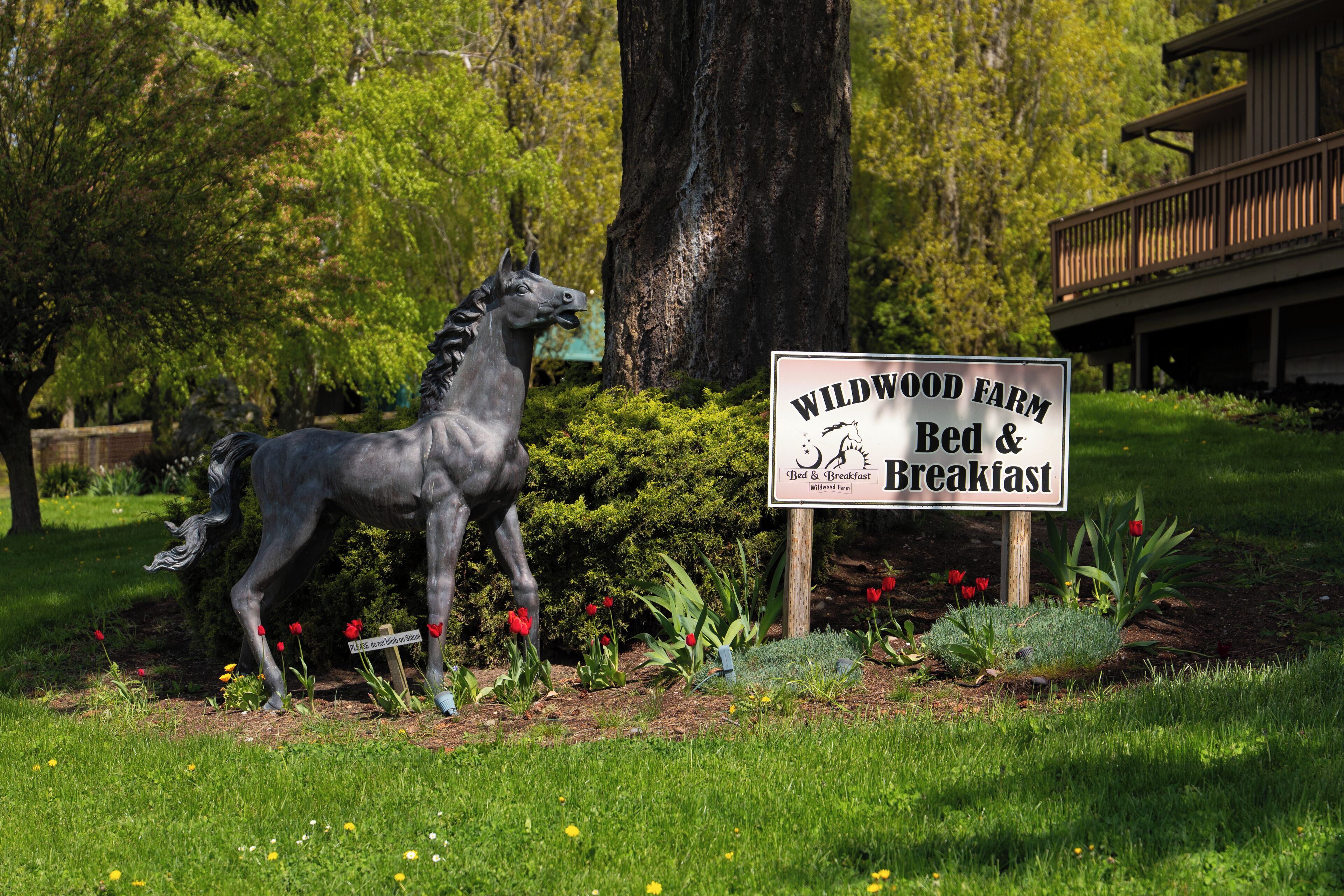 Señal de Wildwood Farm Bed & Breakfast, con una estatua de caballo al frente.