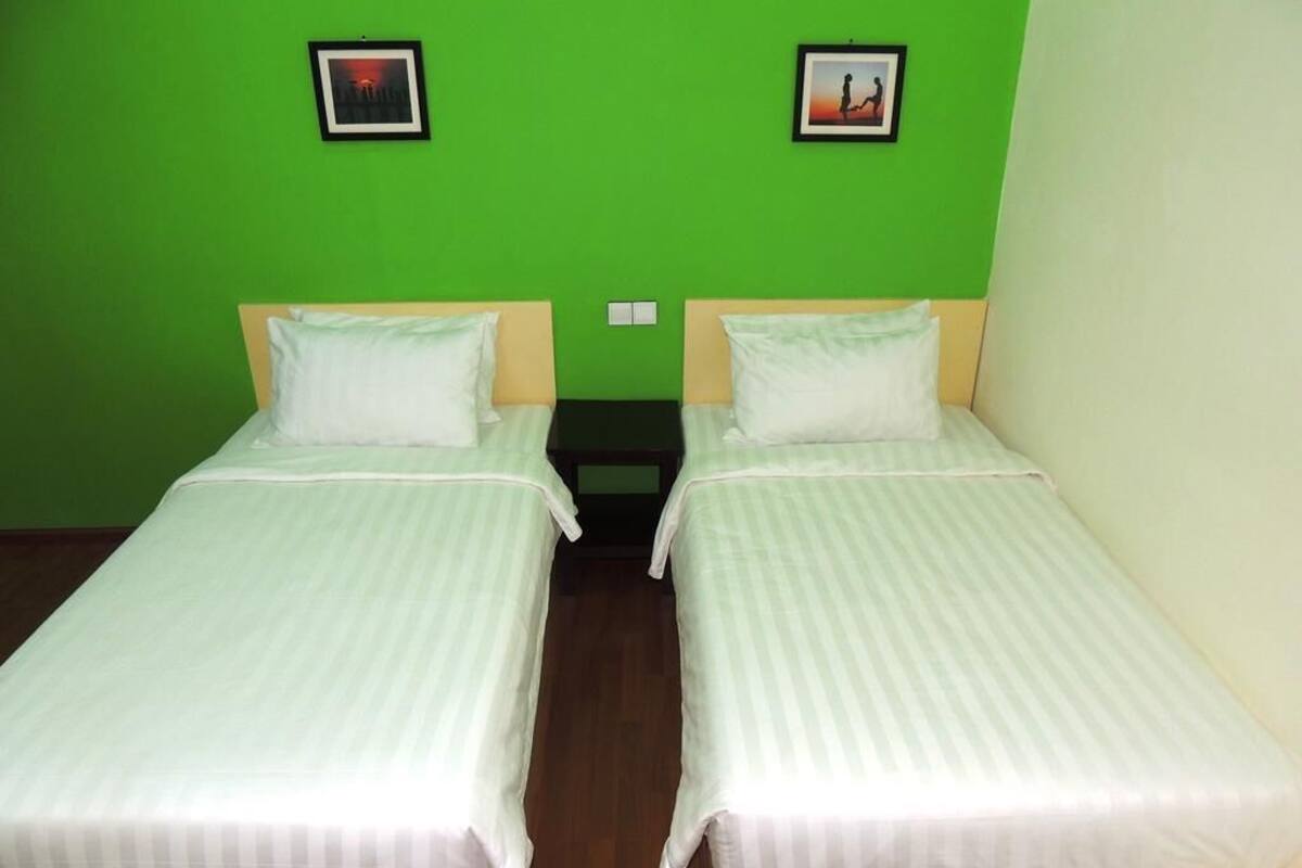 Una habitación con dos camas individuales, paredes verdes y cuadros enmarcados.