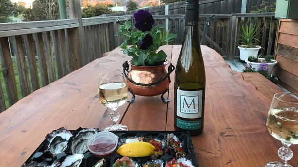 Una mesa de madera con una botella de vino, una copa de vino blanco, una planta en maceta y una bandeja con ostras y mariscos.