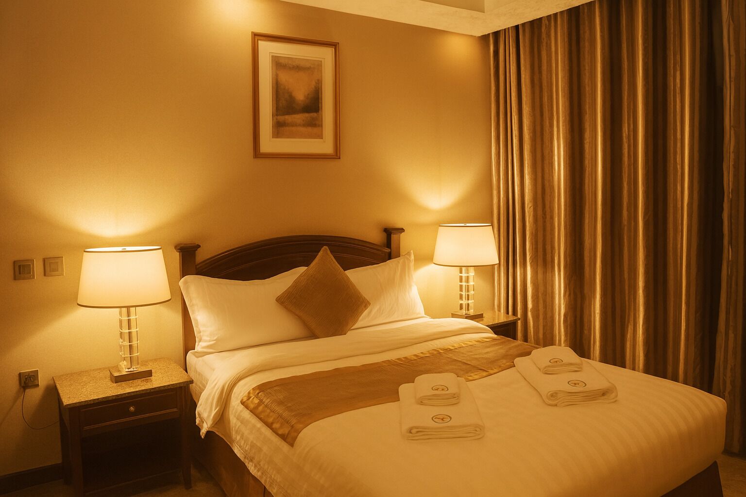 Quarto de hotel com cama bem arrumada, duas luminárias de cabeceira, um quadro na parede e uma janela com cortinas.