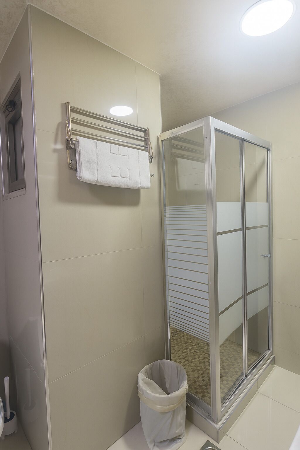 A bathroom with a glass shower enclosure, a towel rack with a towel, and a trash bin.