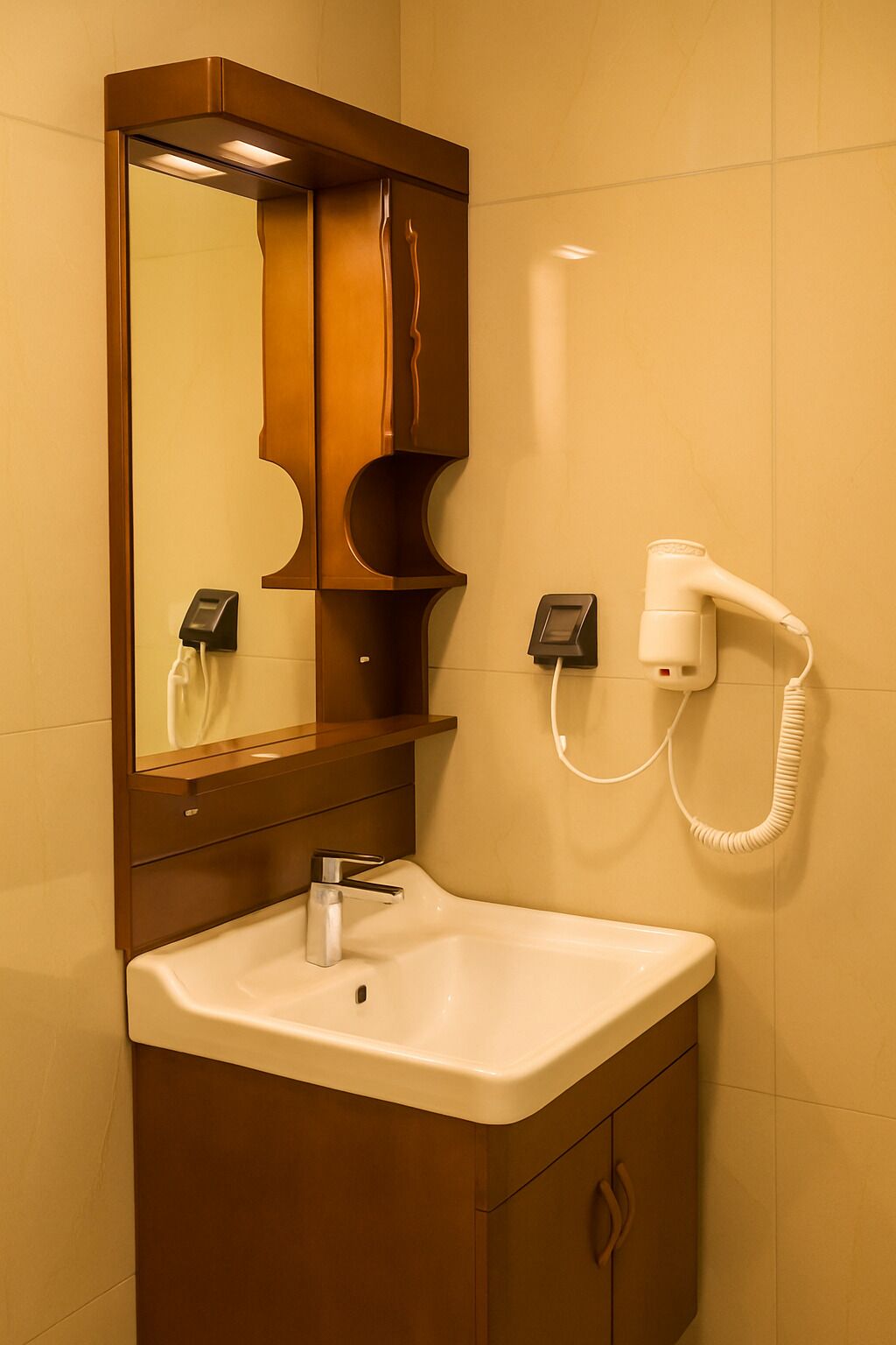 Un baño con un lavamanos blanco, un espejo y un secador de pelo fijado a la pared.
