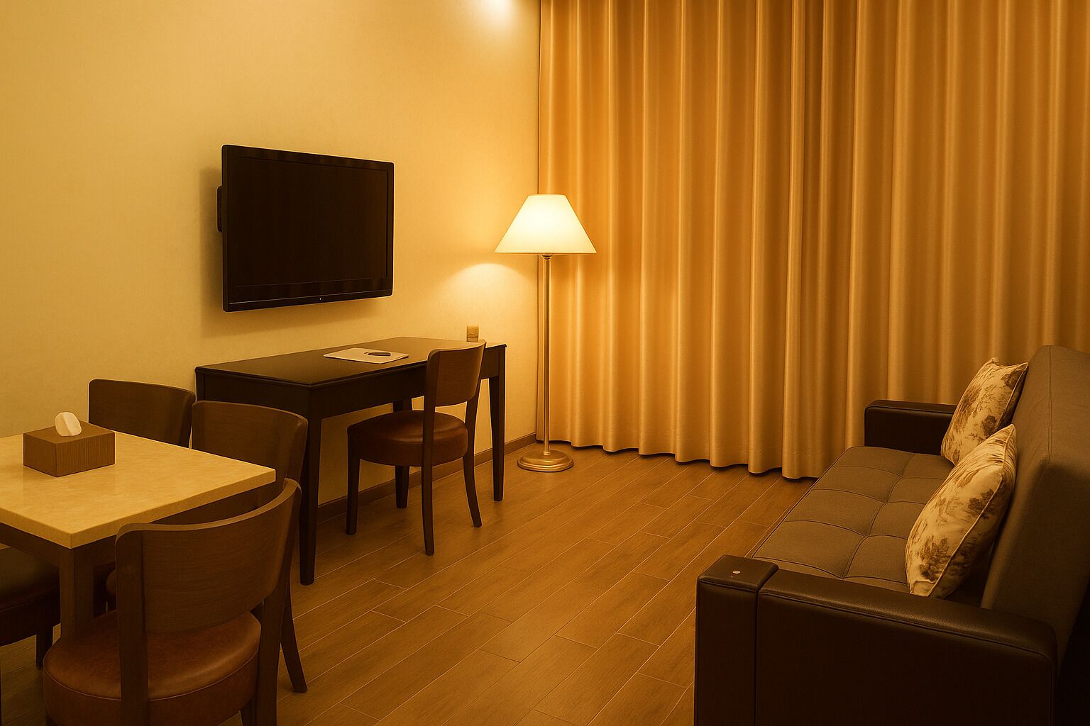 Habitación de hotel con televisión de pantalla plana montada en la pared, un escritorio con silla, un sofá con almohada y una lámpara.