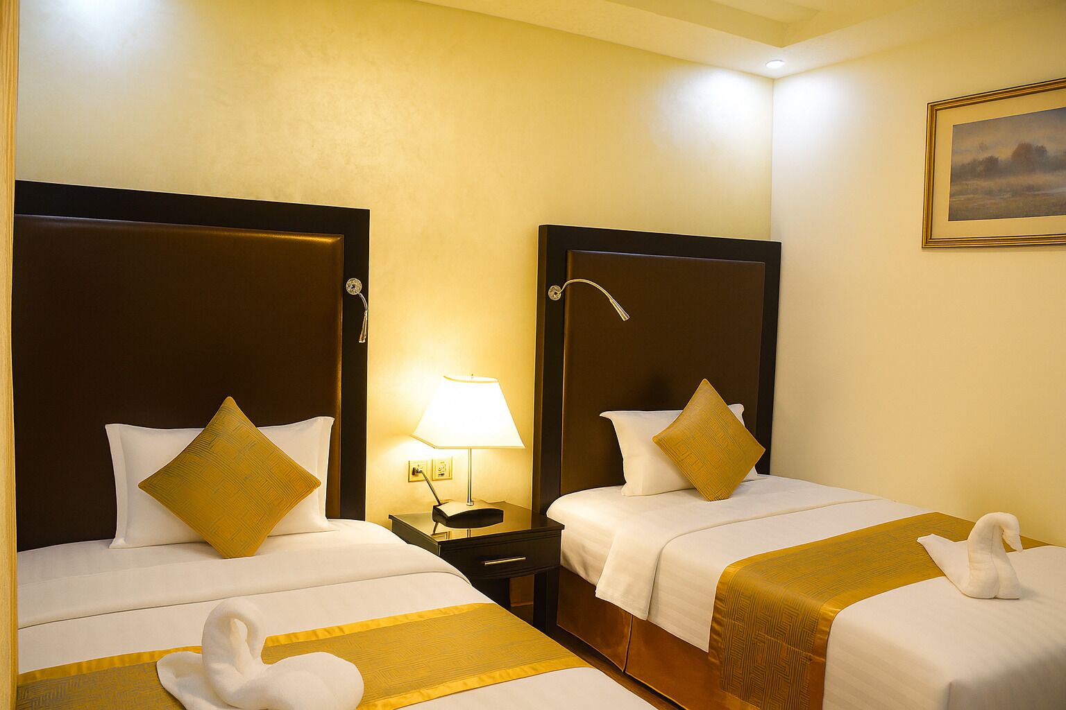 A hotel room with two beds, each with a headboard, a bedside table with a lamp, and a painting on the wall.