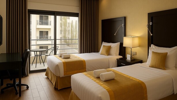 A hotel room with two beds, a desk, a chair, a balcony with a view of buildings, and a lamp. - Al Jamal Hotel (Amman)