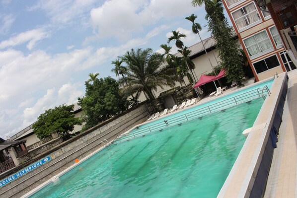 Outdoor pool, pool umbrellas, pool loungers