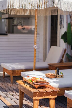 Outdoor pool, pool umbrellas, pool loungers