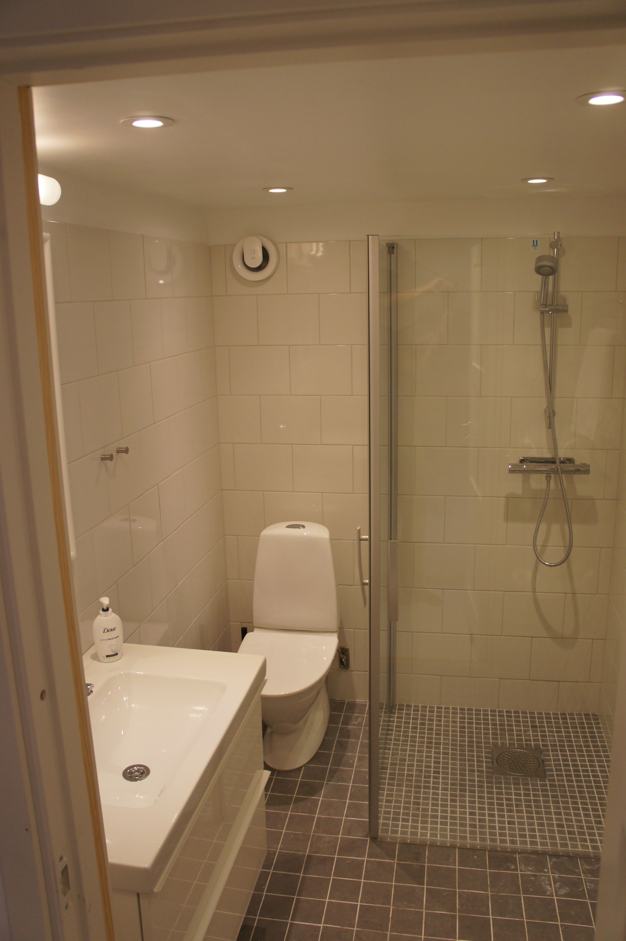 Ein Badezimmer mit Toilette, Waschbecken und Dusche.