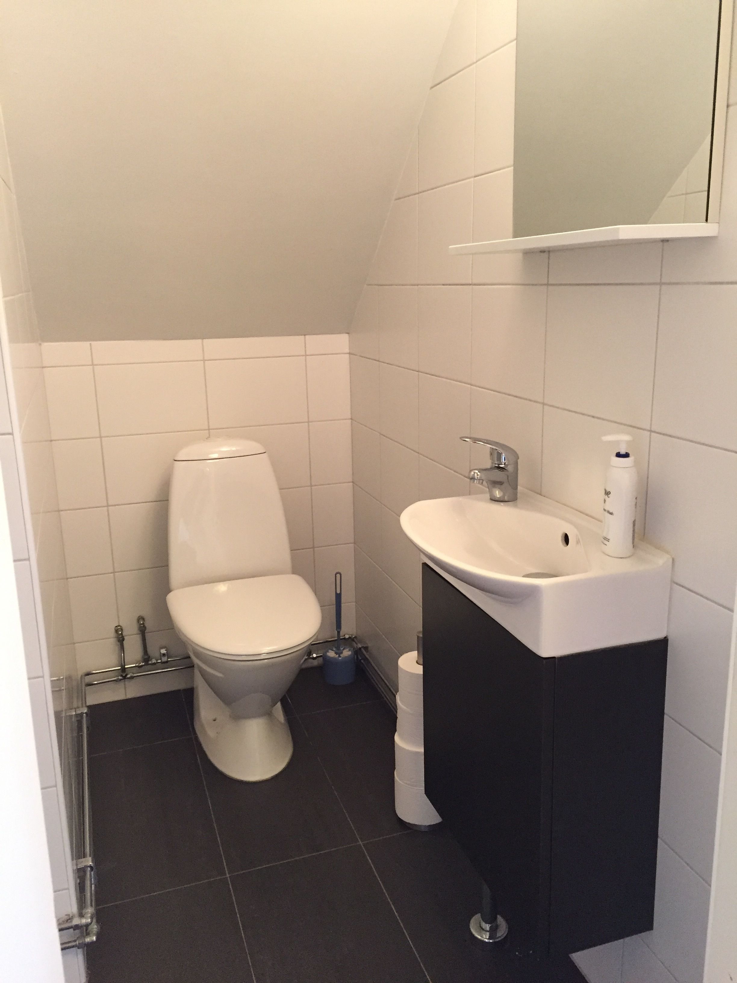 A small, modern bathroom with a white toilet, a sink, and a mirror above the sink.
