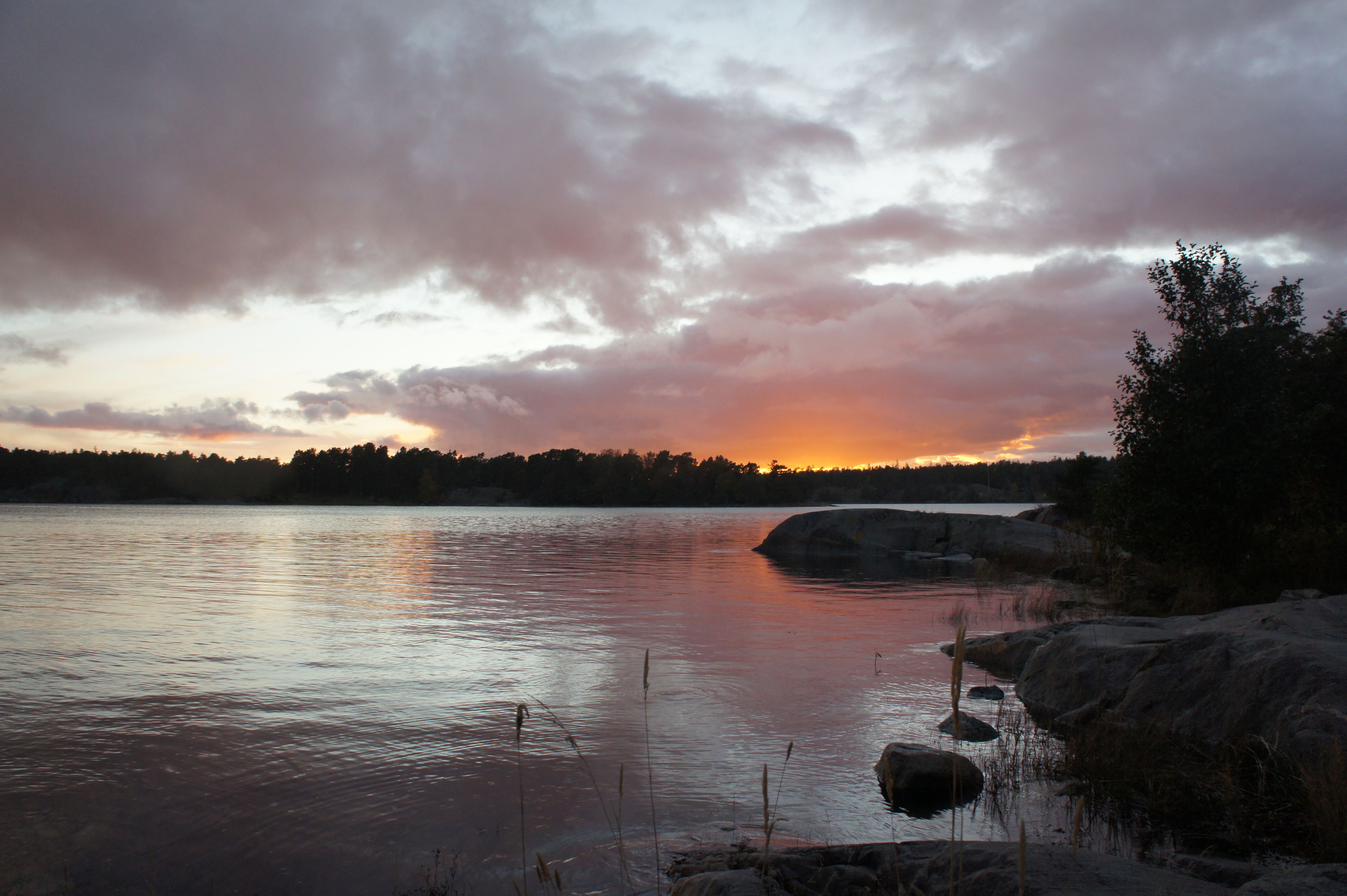 Un lac paisible au coucher du soleil, avec une rive rocheuse et des arbres en arrière-plan.