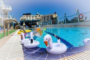 Outdoor pool, pool umbrellas, pool loungers