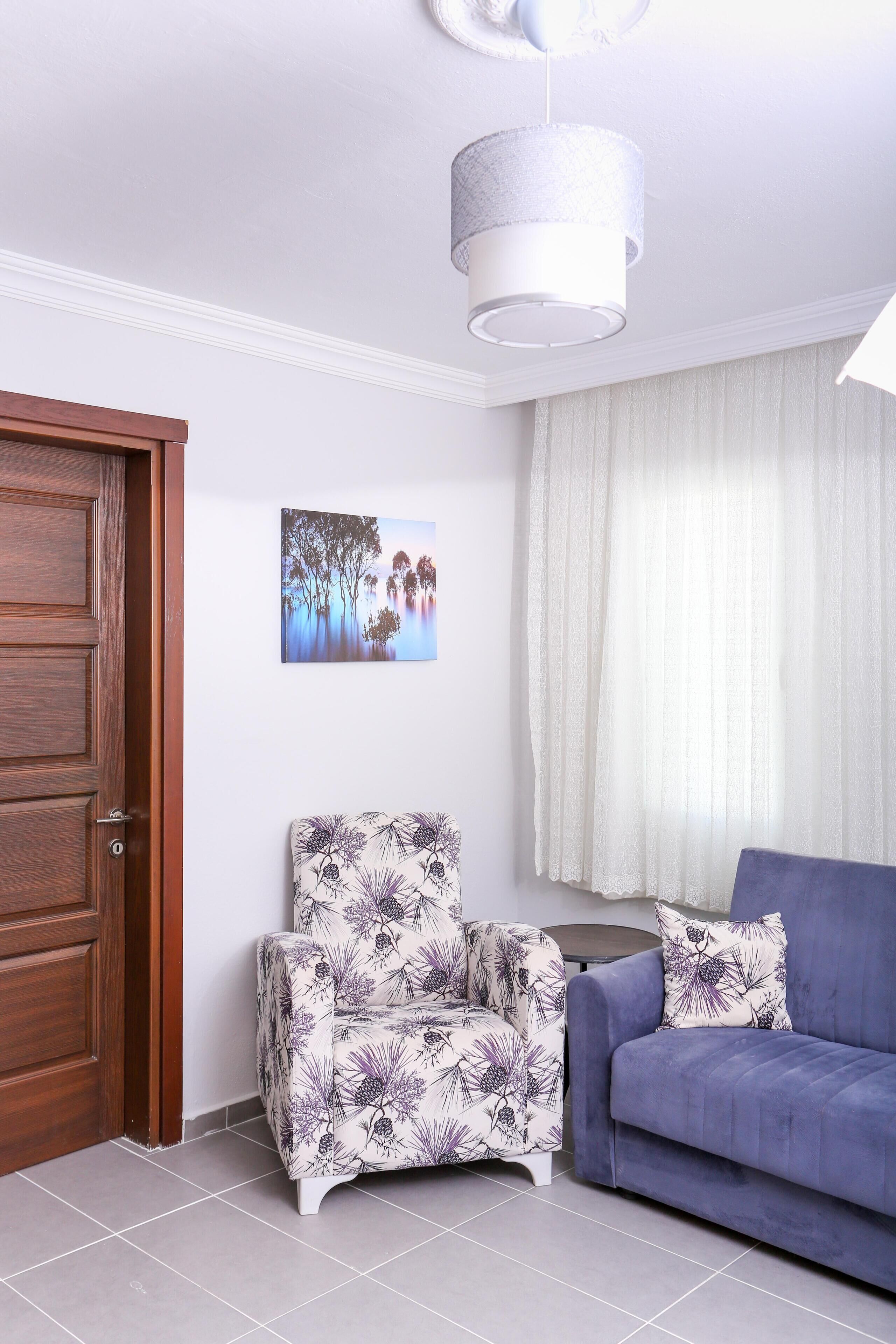 A living room with a wooden door, a patterned armchair, a blue sofa, a ceiling light, and a window with curtains.