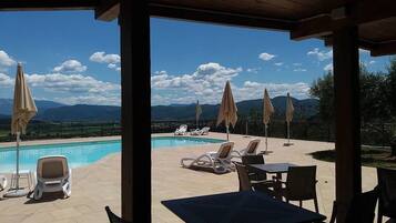 Seasonal outdoor pool, pool umbrellas, pool loungers