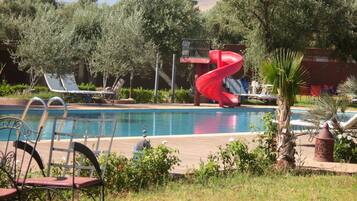 Outdoor pool, pool umbrellas, pool loungers