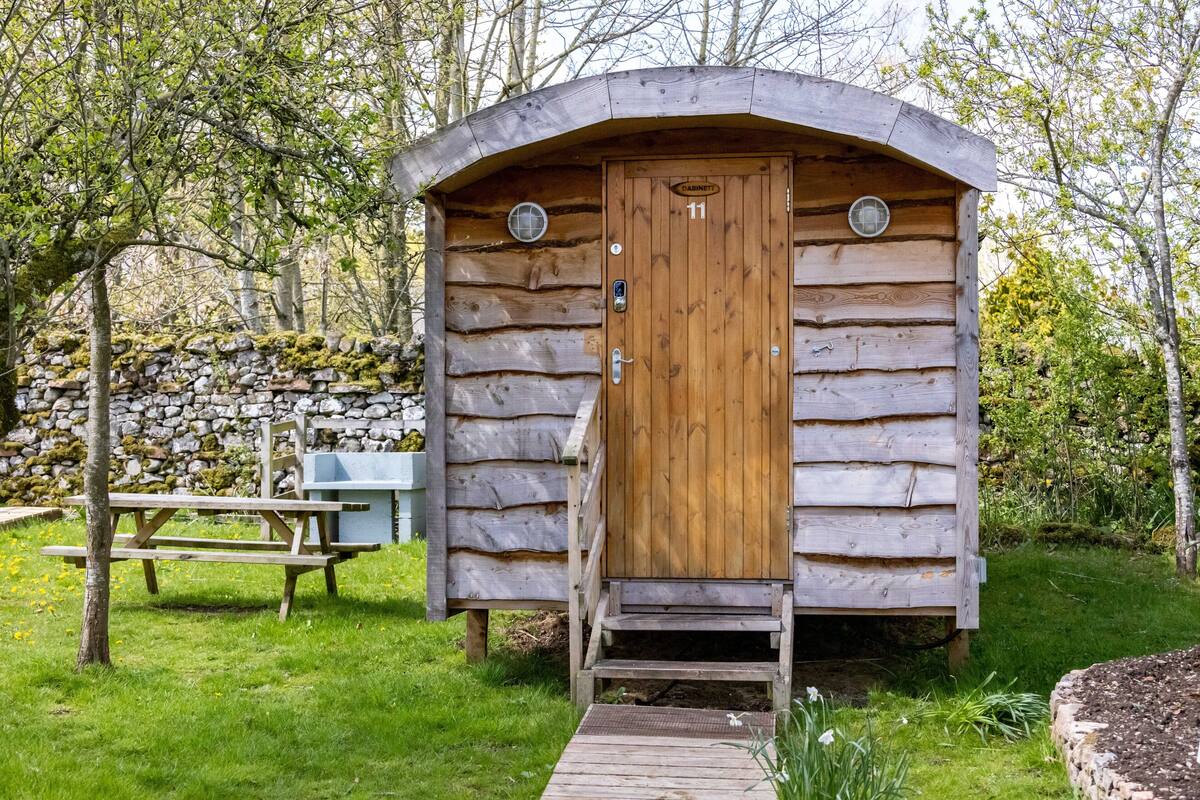 A wooden cabin with a wooden door and number 11, a picnic table, and a stone wall in a wooded area.