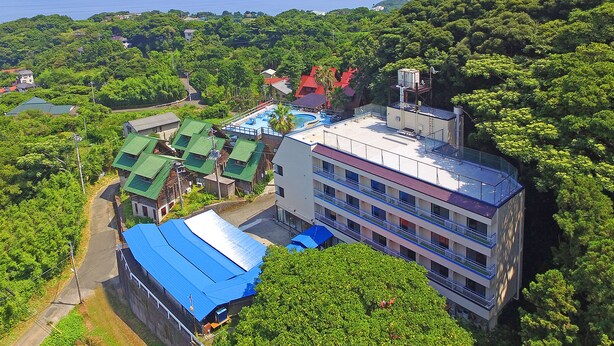 A multi-story hotel with a swimming pool, surrounded by lush greenery and a view of the sea. - Pension Bigfisher Club (Shimoda)