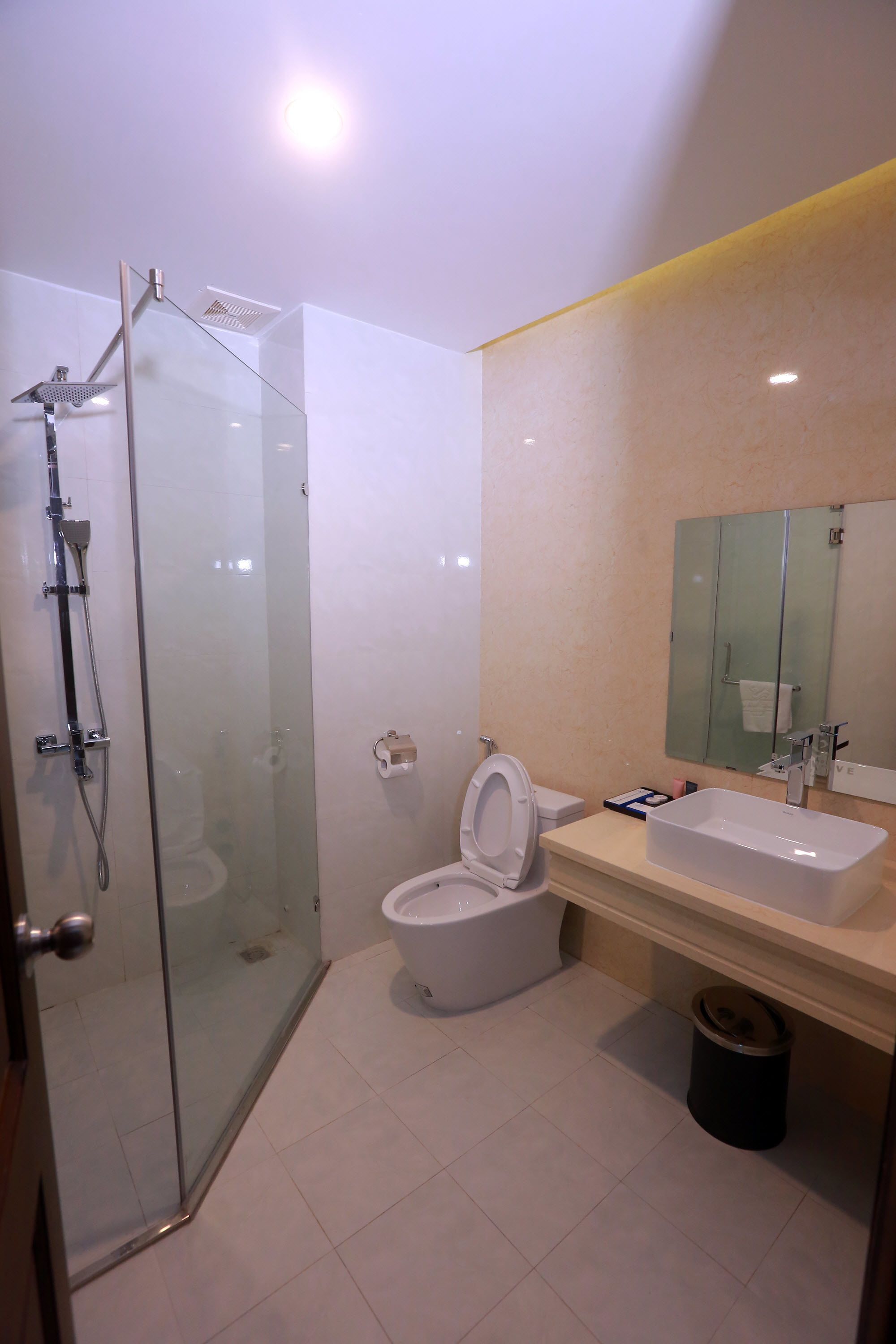 A modern bathroom with a glass-enclosed shower, a toilet, and a sink with a mirror above it.