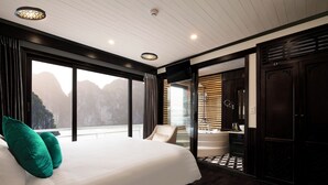 Een moderne slaapkamer met een groot bed, uitzicht op bergen, een badkuip en een kledingkast.