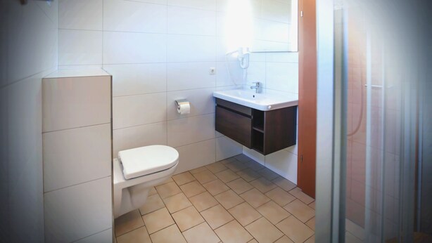 A small, compact bathroom with a toilet, sink, and mirror. - Gästehaus Rifa (Gaschurn)
