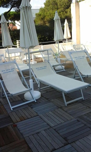 Seasonal outdoor pool, pool umbrellas, pool loungers