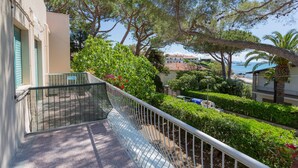A balcony with a metal railing overlooking a garden with various plants and a view of the sea and buildings in the distance. - Hotel Costa Verde (Rosignano Marittimo)