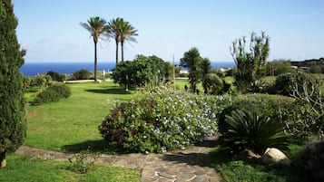 Un jardín con un sendero de piedra, diversas plantas y vistas al océano.