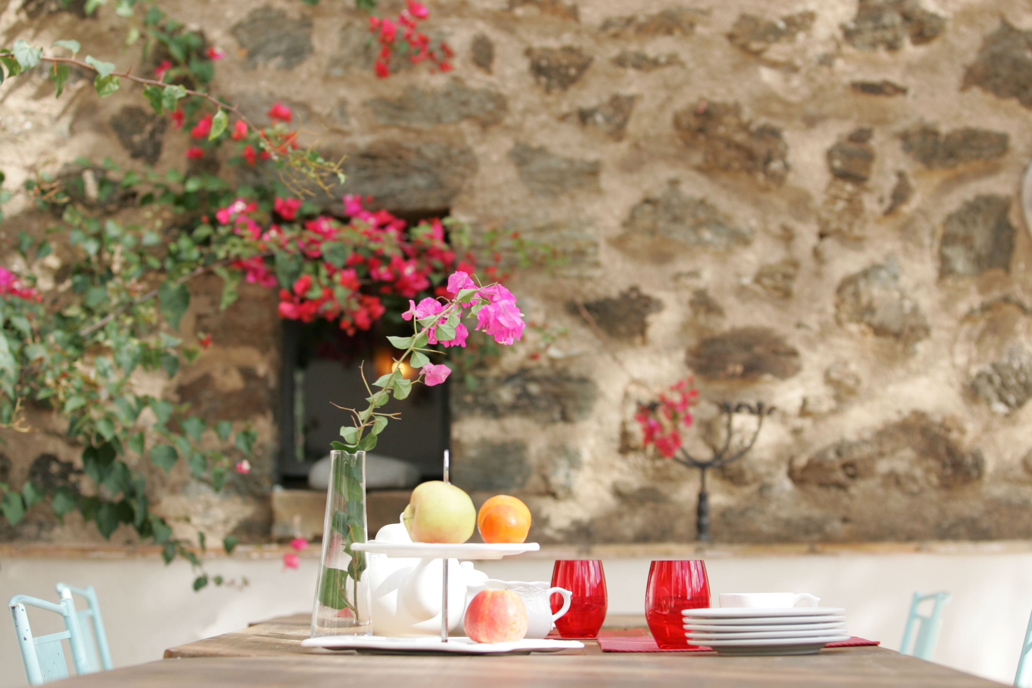 A table set with a white teapot, a white cup, a red cup, a plate with fruits, and a vase with flowers.