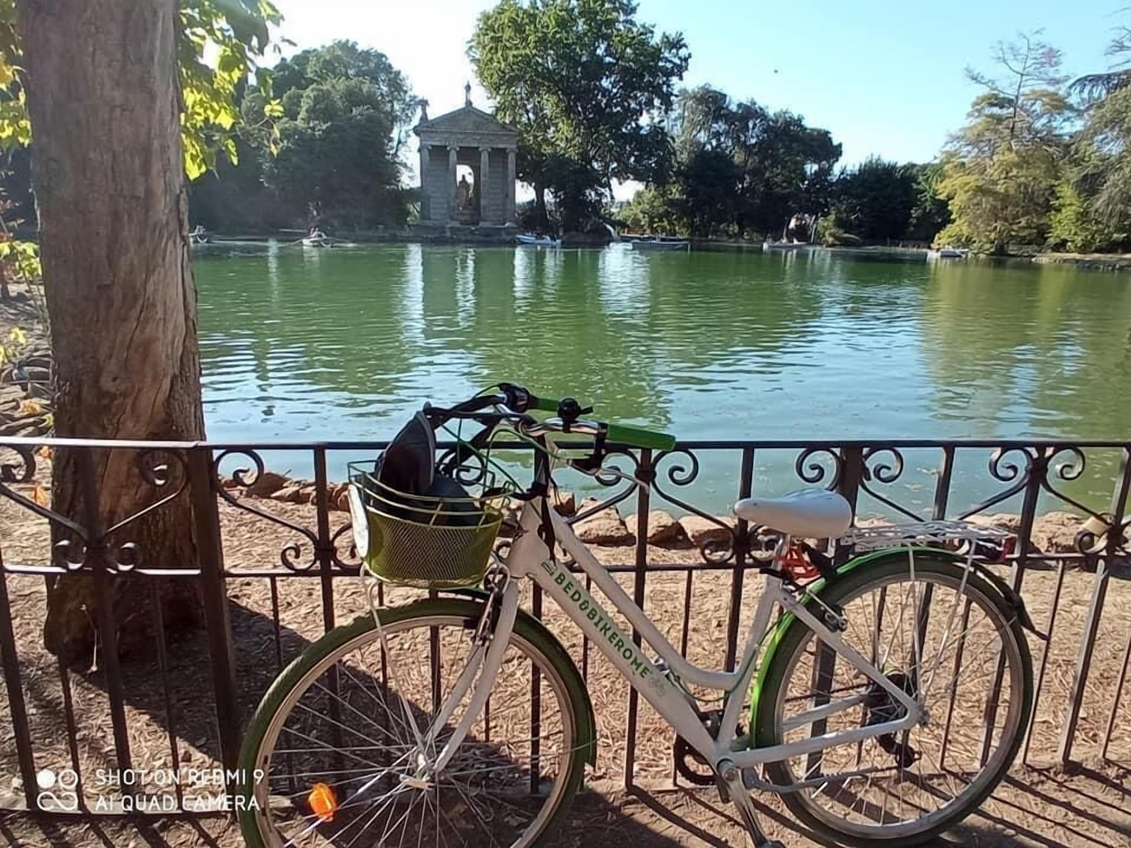 A bicycle parked near a fence with a pond and gazebo in the background.