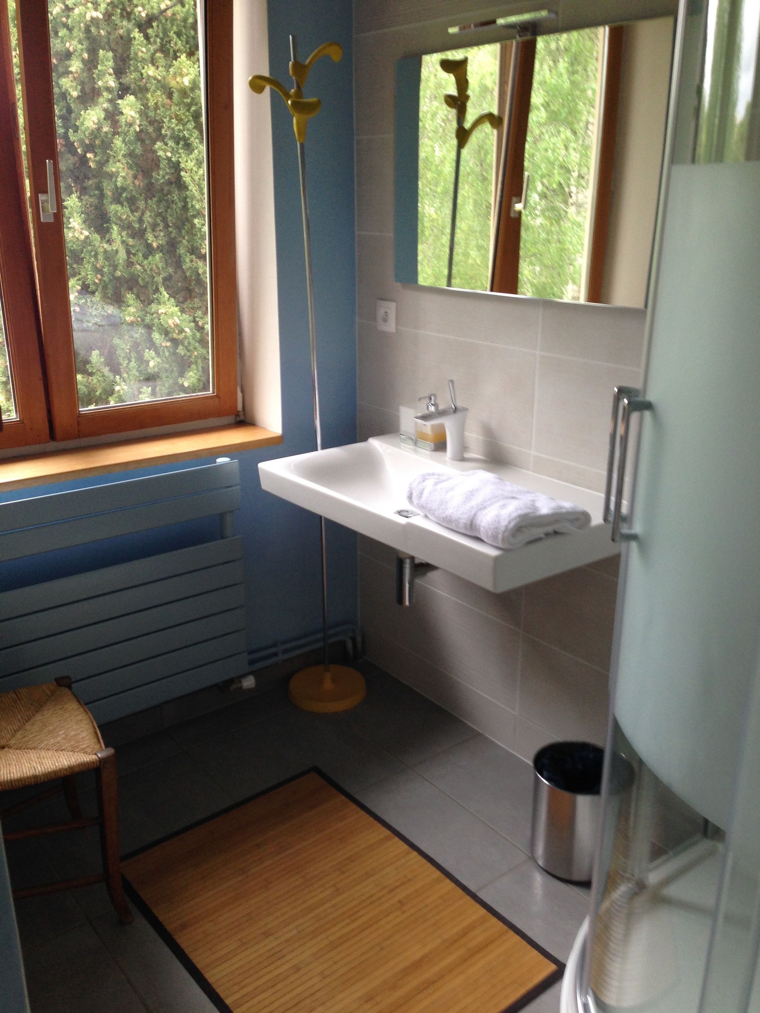A bathroom with a window, a sink, a mirror, and a towel rack.