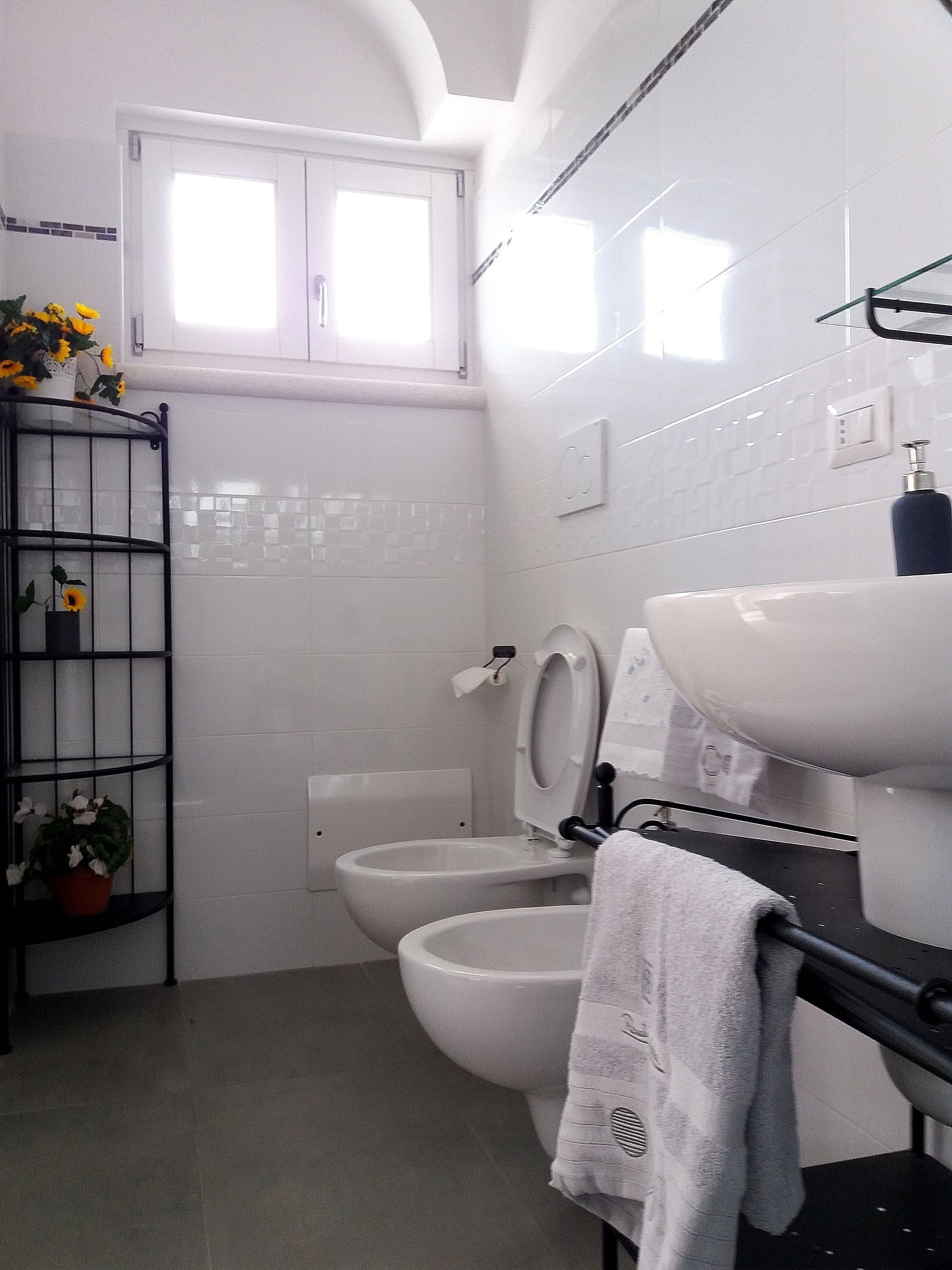 A bathroom with two toilets, a sink, a window, and a shelf with flowers.