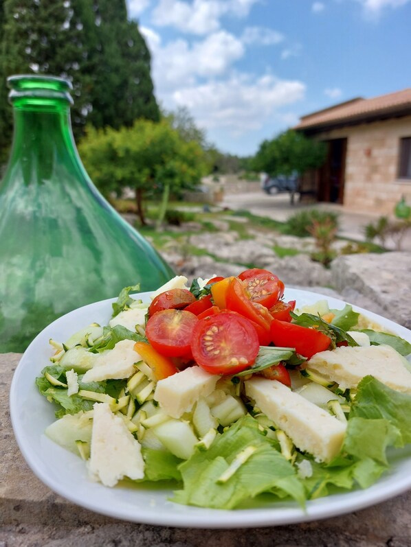 A plate of salad with tomatoes, cucumbers, and lettuce, placed on a stone surface with a green bottle and a building in the background. - Masseria San Cosimo (Carpignano Salentino)