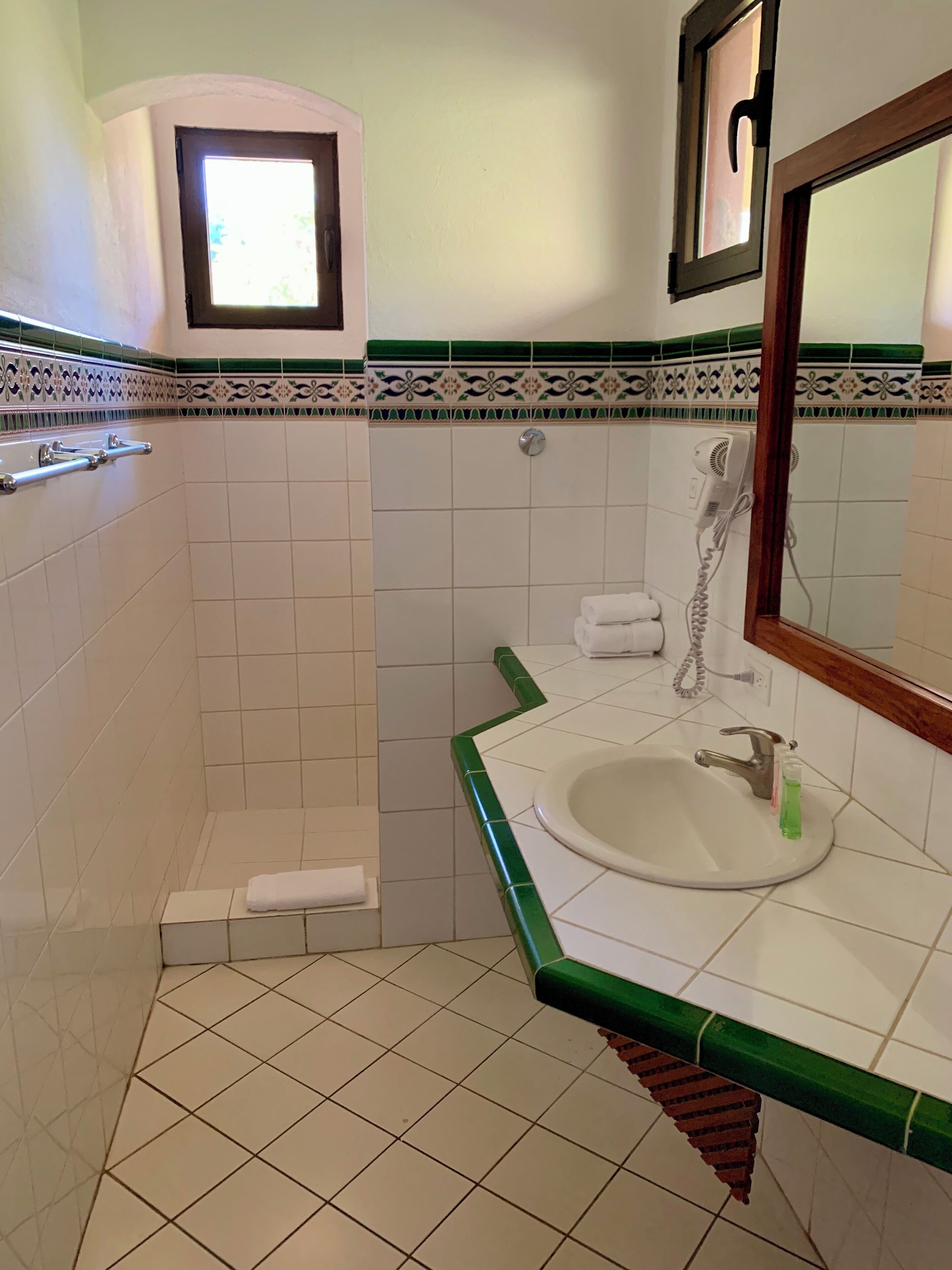 A bathroom with a shower, a sink with a green countertop, and a mirror.