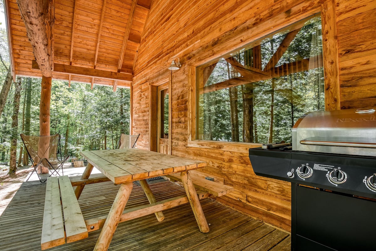 A wooden cabin with a picnic table and a grill.