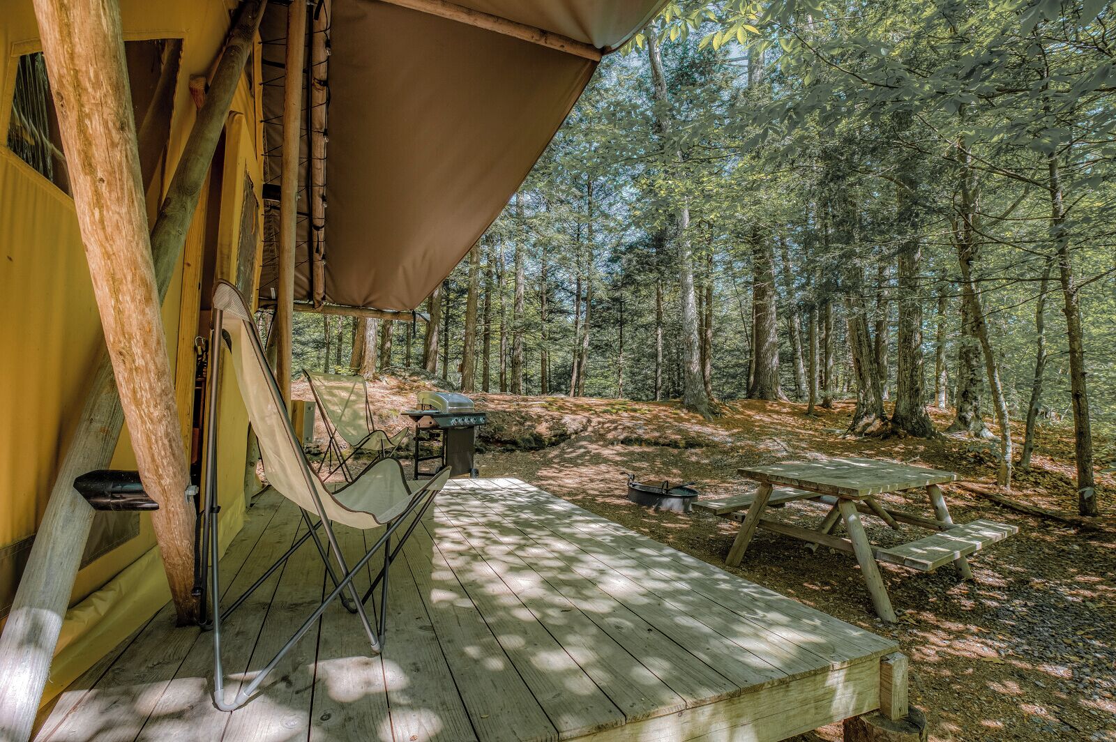 Une terrasse en bois avec une table de pique-nique et des chaises, entourée d’une forêt.