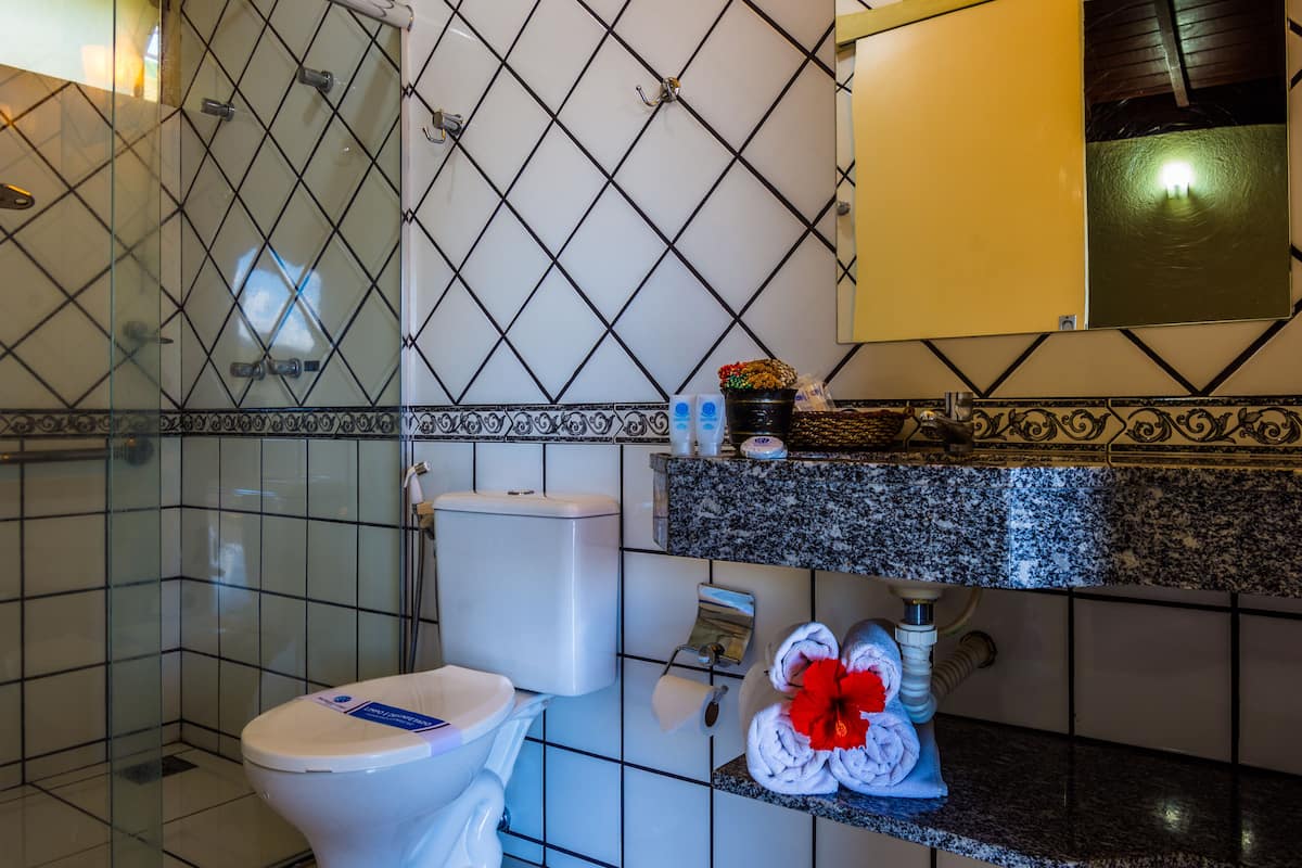 shower, free toiletries, hair dryer, towels