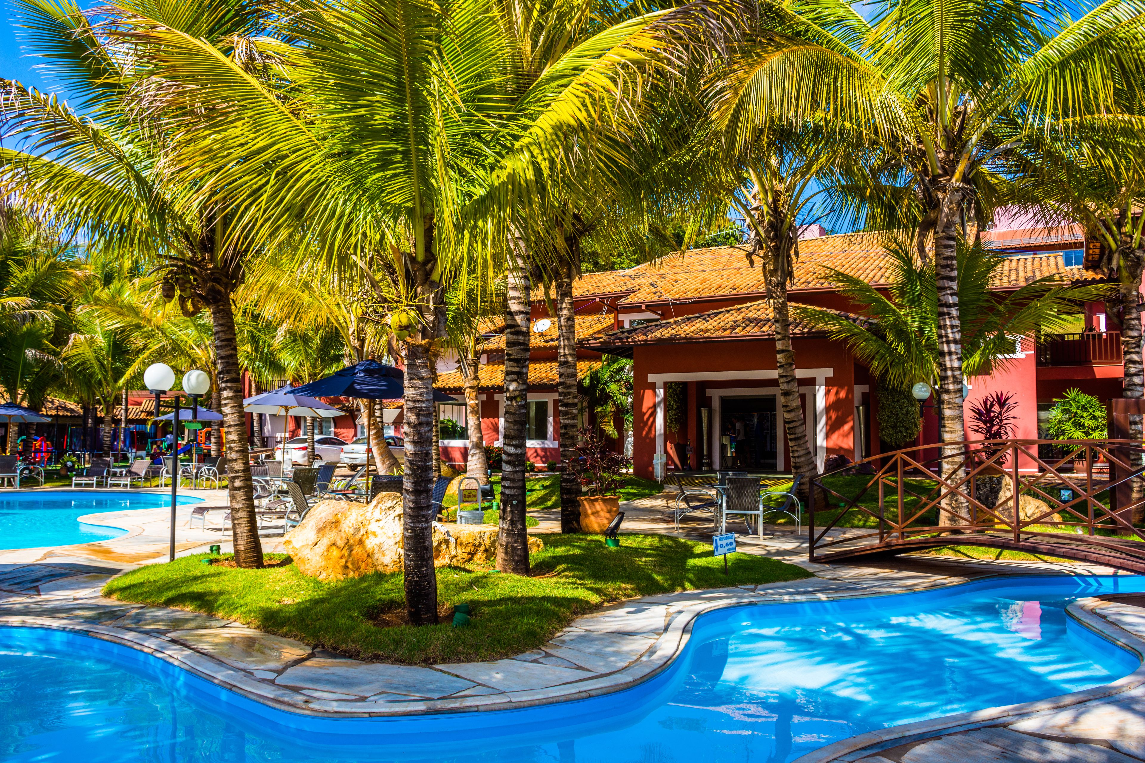 Una piscina rodeada de palmeras y sillas de descanso, con un edificio al fondo.
